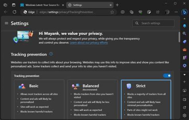 Privacy and safety settings aligned to reduce tracking and improve secure browsing